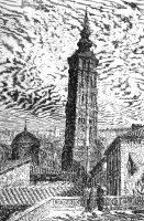 leaning tower saragossa spain historical engraving 011