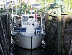lock opens for passenger boat at Dalsland Canal Hafverud Sweden