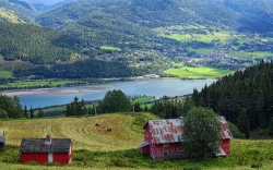 Lush Green Farmland With Red Barn Near Lillihammer Norway 
