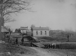 Main street and church guarded by Union soldiers