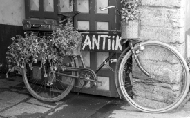 old bike with basket of flowers tallin estonia image