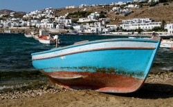 old wood boat on sand mykonos greece 9338a2