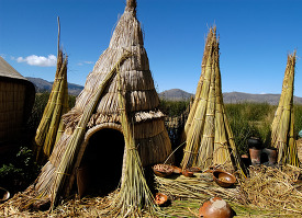 several Traditional reed huts Lake Titicaca