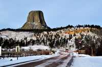 Snow covered Devils Tower National Monument Entrance Station