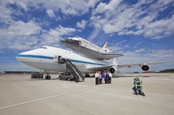 Space Shuttle Discovery mounted atop a NASA 747 Shuttle Carrier 