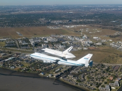 Space Shuttle Endeavour flies by Johnson Space Center