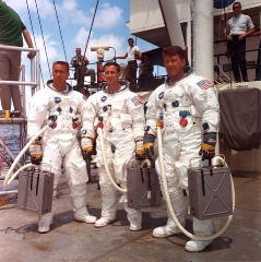 The crew of Apollo 7 prior to water egress training