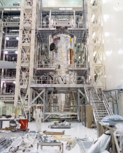 The Hubble Space Telescope in a test cell at the Vertical Proces