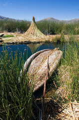 Traditional reed boats huts on Lake Titicaca