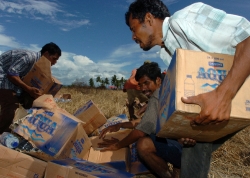 Tsunami victims anxiously grab relief supplies