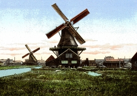 Two windmills Holland historical print