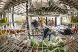 View from inside refrigerator at food distribution center