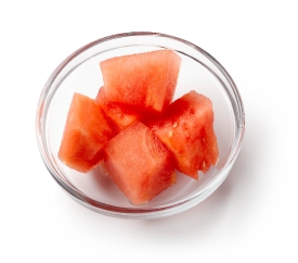 watermelon cubes in clear bowl