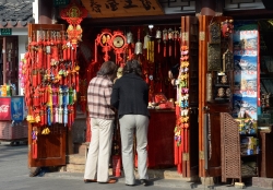 Women Buying Shops Selling Souvenir Old Town Street Photo Image