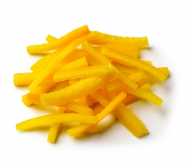 Yellow bell peppers thinly sliced on white background