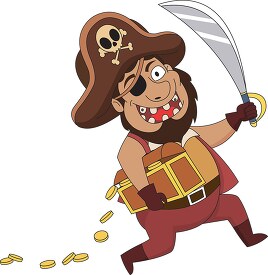 pirate running with chest of gold coins clipart