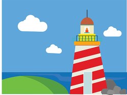 red white lighthouse on coast blue sky clouds clipart