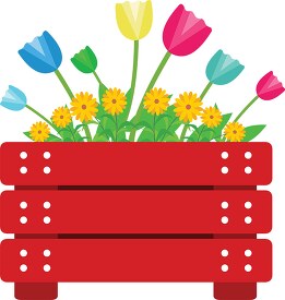 red wood flower pot with beautiful flowers clipart