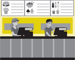 restaurant employees stading at cash register for food order gra