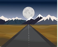 road with full moon above mountains clipart image