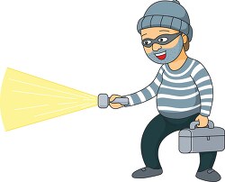 robber holding flashlight and tools