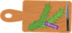 rosemary on wood cutting board with knife clipart
