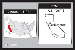 sacramento california state us map with capital bw gray
