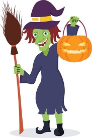 scarry witch holding broomstick and pumpkin halloween clipart