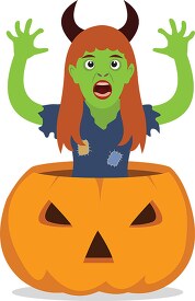 scary girl jumping out from big pumpkin halloween clipart