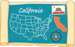 scrolled usa map showing california state map flag clipart
