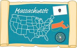scrolled usa map showing massachusetts state map flag clipart