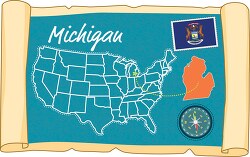 scrolled usa map showing michigan state map flag clipart