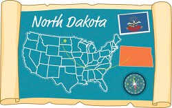 scrolled usa map showing north dakota state map flag clipart