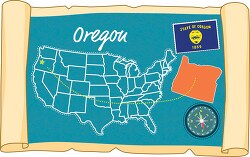 scrolled usa map showing oregon state map flag clipart