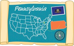 scrolled usa map showing pennsylvania state map flag clipart