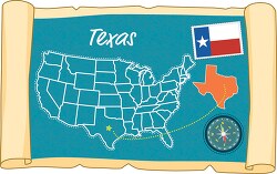 scrolled usa map showing texas state map flag clipart