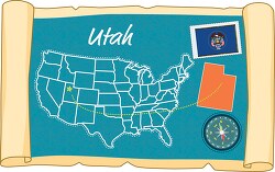scrolled usa map showing utah state map flag clipart
