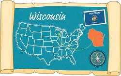 scrolled usa map showing wisconsin state map flag clipart