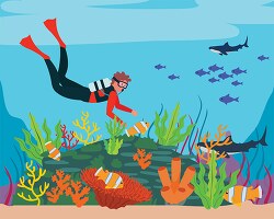 scuba diver surrounded by colorful fish corals clipart