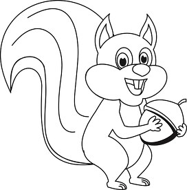 smiling cartoon squirrel character holding nut black white outli