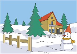 snow scene house with snowman