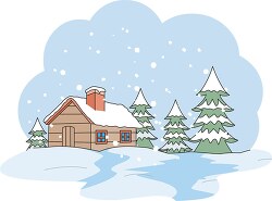 snow scene with trees and cabin
