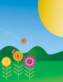 spring time flowers with butterllies sun clipart