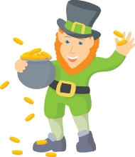 st patrick leprechaun holding pot of gold with gold coins