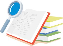 stack of books with magnifying glass for search