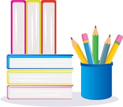 stack of books with pencil holder clipart