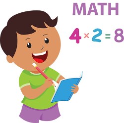 boy holding pencil solving math in note book clipart