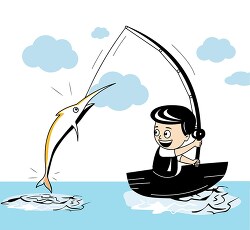 boy in boat with large fish on end of fishing pole clipart