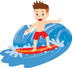 boy on surf board riding large wave clipart