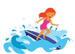 girl surfing on large wave clipart